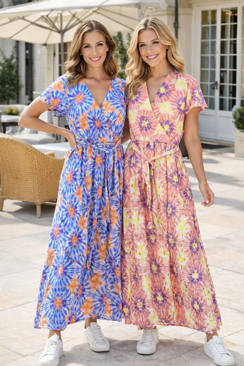 Starburst Gold Foil Crossover Belted Maxi Dress