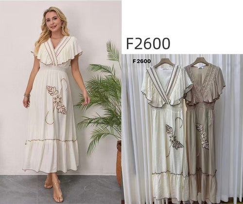 V Frill Embroidery Maxi Dress