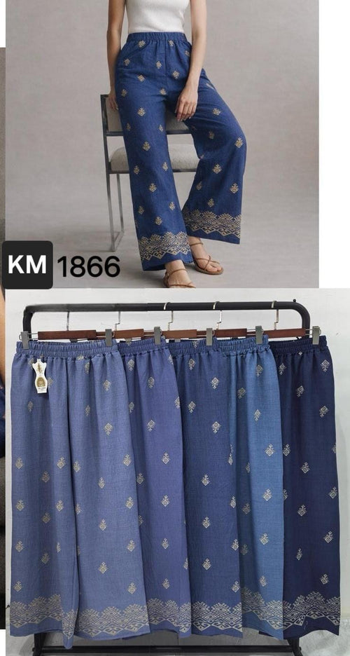Denim Look Cotton Linen Embroidered Wide Leg Palazzo Trousers