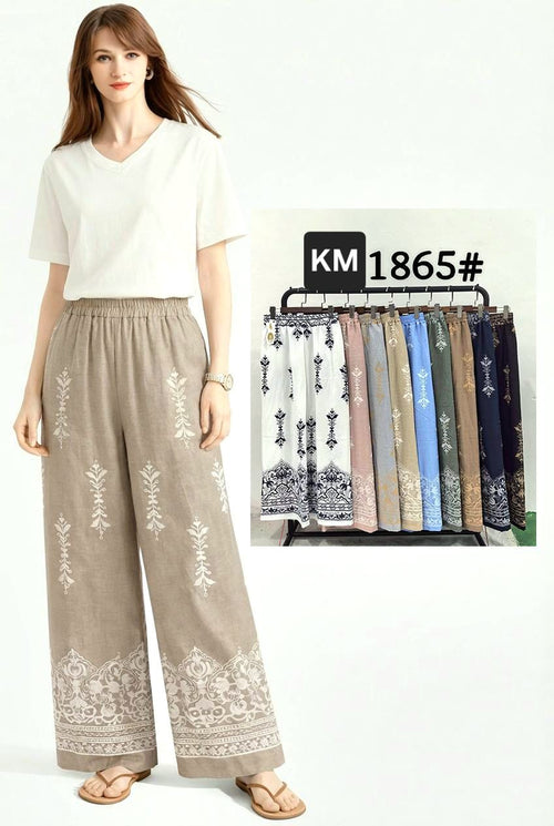 Paisley Cotton Linen Wide Leg Palazzo Trousers