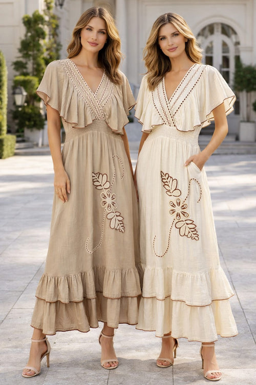 V Frill Embroidery Maxi Dress