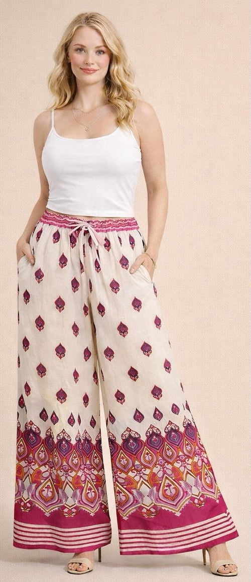 Funky Print Cotton Linen Wide Leg Palazzo Trousers