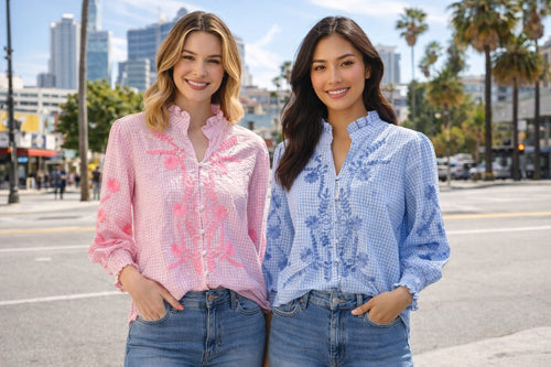 Floral Embroidery Cotton Check Blouse