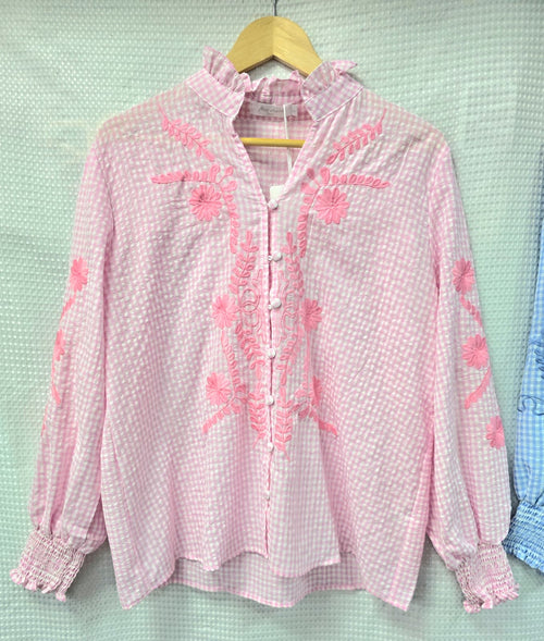 Floral Embroidery Cotton Check Blouse