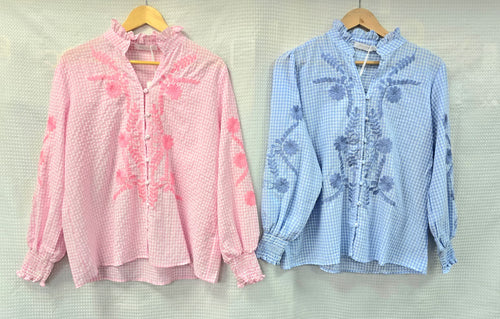 Floral Embroidery Cotton Check Blouse