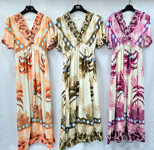Palms Cotton Linen V Maxi Dress