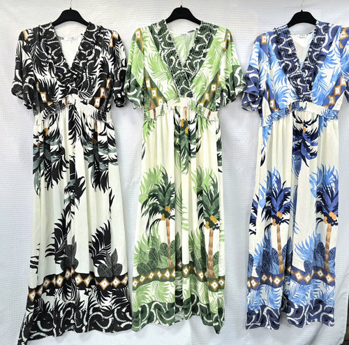 Palms Cotton Linen V Maxi Dress