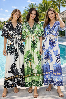 Palms Cotton Linen V Maxi Dress