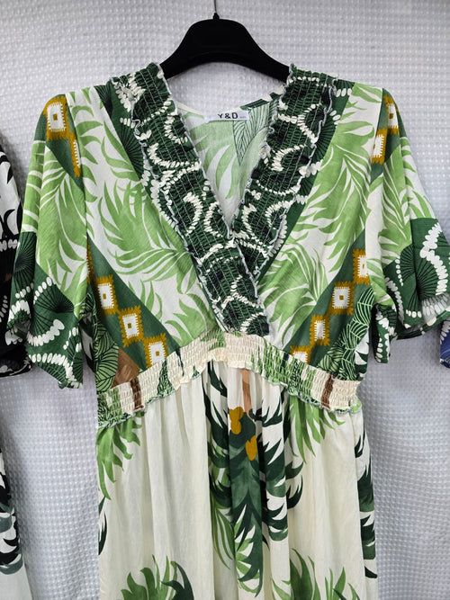 Palms Cotton Linen V Maxi Dress