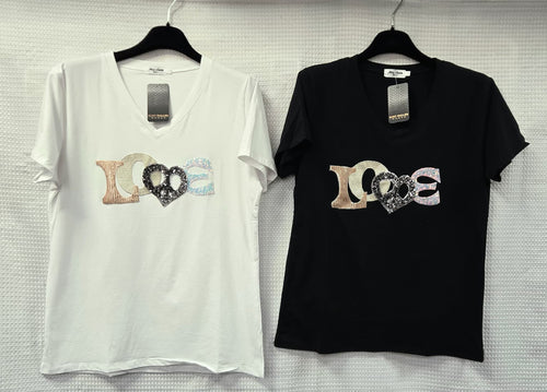 Love Peace Sequin Embellished Cotton T-shirt Top