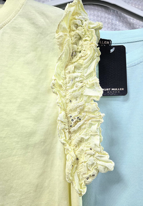 Sequin Frill Sleeve Cotton T-shirt Top