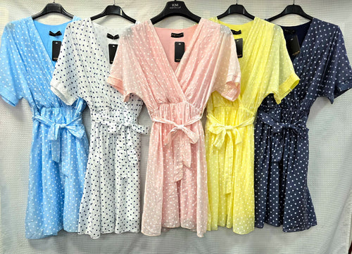 Polka Dot Silky Sequin Trim Crossover Dress