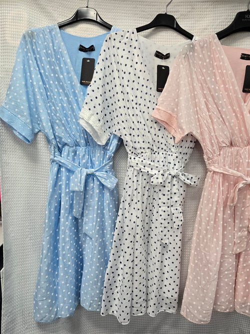 Polka Dot Silky Sequin Trim Crossover Dress