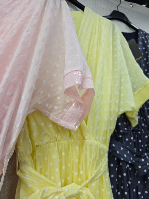 Polka Dot Silky Sequin Trim Crossover Dress