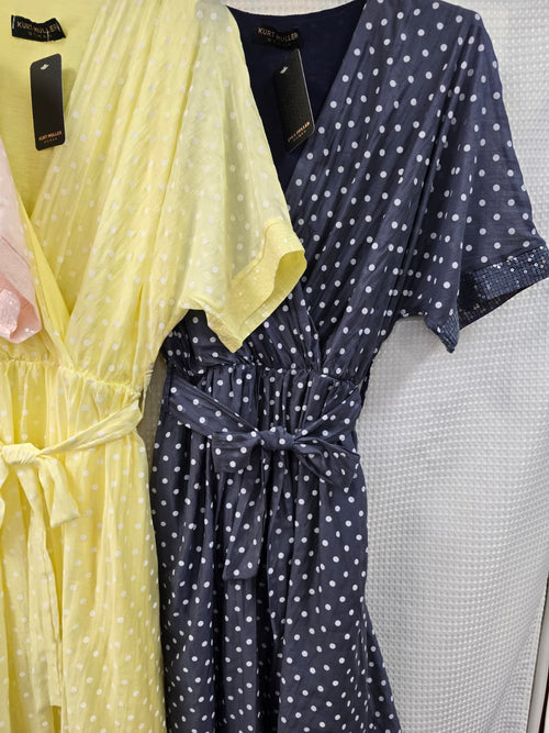 Polka Dot Silky Sequin Trim Crossover Dress