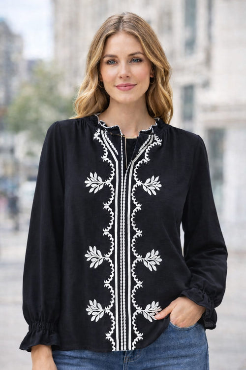 Black Embroidery Mandarin Blouse