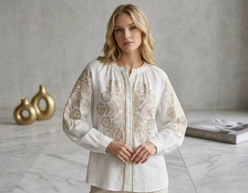 Mandarin Embroidery Cotton Shirt