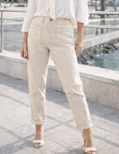 Beige Mom Fit Two Front Pocket Voggo Jeans