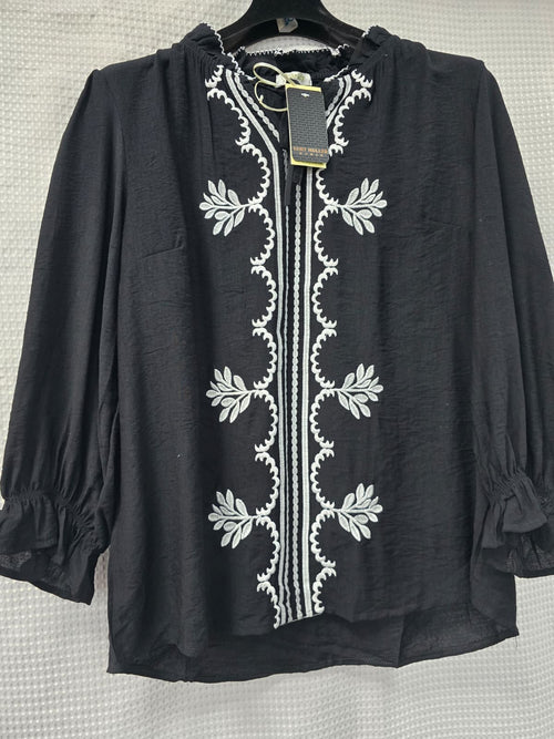 Black Embroidery Mandarin Blouse