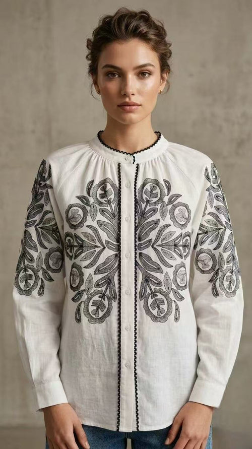 Mandarin Embroidery Cotton Shirt