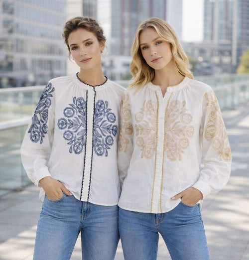 Mandarin Embroidery Cotton Shirt