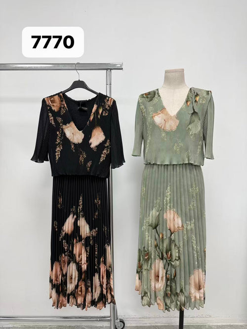 Orchid Print V Plisse Pleated Maxi Dress