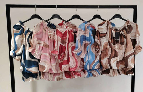 Tonal Marble Short Sleeve Ruffle Blouse