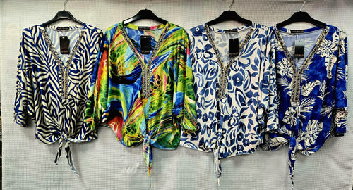 Printed V Diamante Trim Tie Slinky Blouse