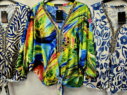 Printed V Diamante Trim Tie Slinky Blouse