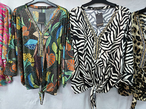 Printed V Diamante Trim Tie Slinky Blouse