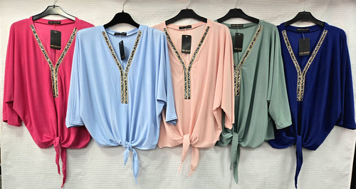 Plain V Diamante Trim Tie Slinky Blouse