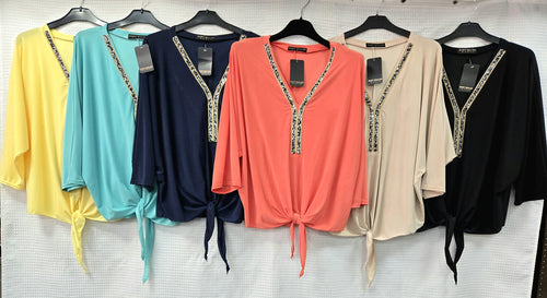 Plain V Diamante Trim Tie Slinky Blouse