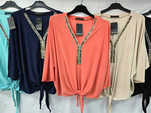 Plain V Diamante Trim Tie Slinky Blouse