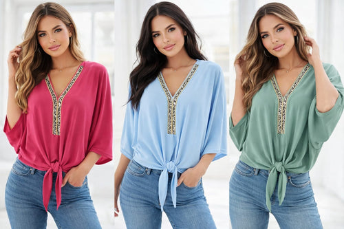 Plain V Diamante Trim Tie Slinky Blouse