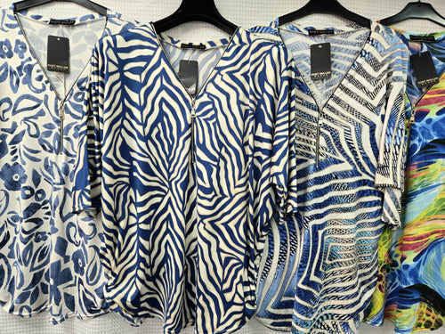 Zip V Neck Printed Slinky Blouse Top