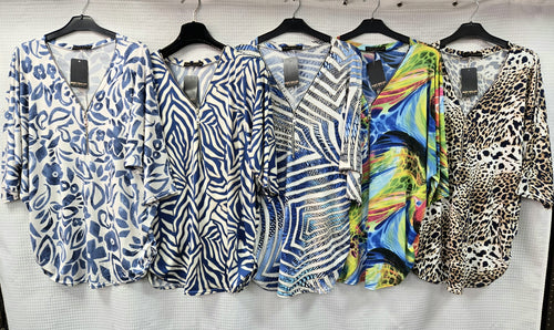 Zip V Neck Printed Slinky Blouse Top