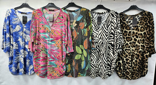 Zip V Neck Printed Slinky Blouse Top