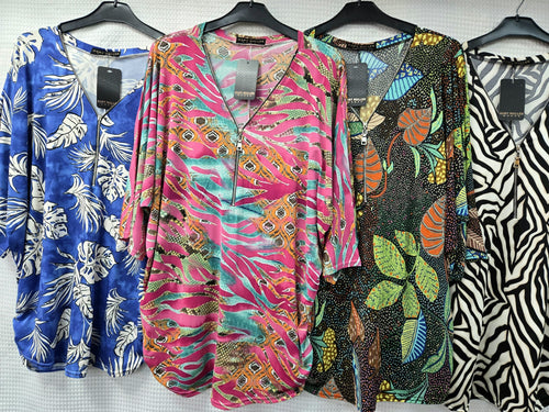 Zip V Neck Printed Slinky Blouse Top