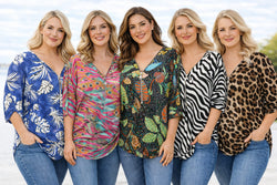 Zip V Neck Printed Slinky Blouse Top