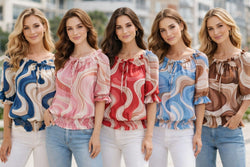 Tonal Marble Short Sleeve Ruffle Blouse