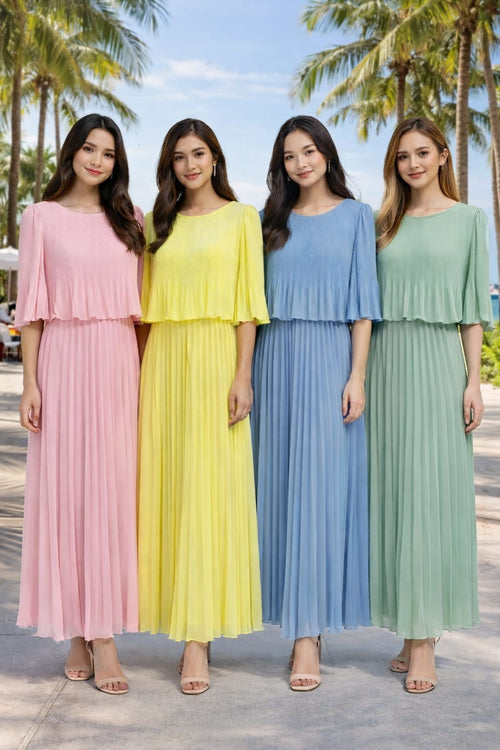 Plain Crew Cape Pleated Plisse Maxi Dress
