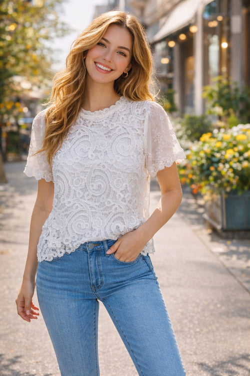 Crew Neck Daisy Embroidery Crochet Top