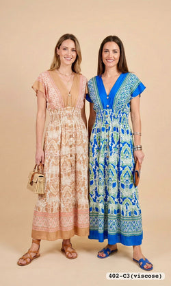 Peacock V Neck ruched Maxi Dress