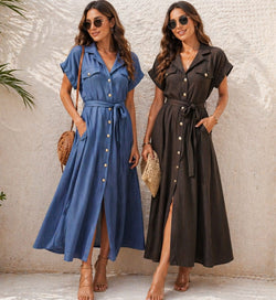 Pure Cotton Textured Gold Button Shirt Maxi Dress