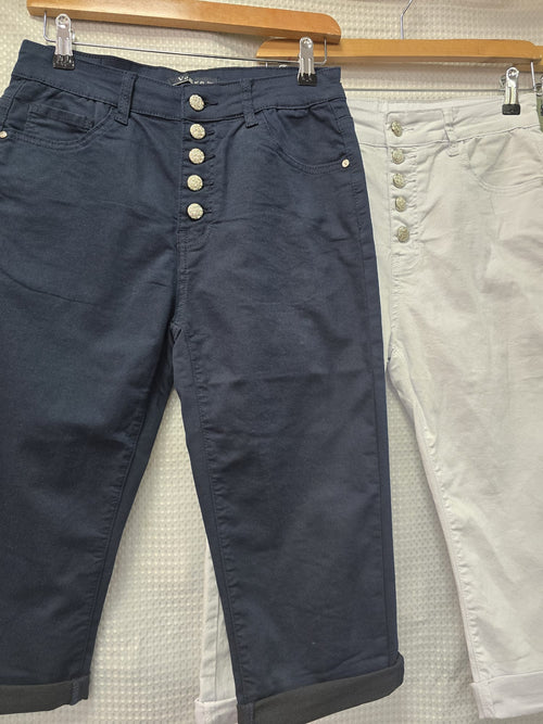 Silver Button Detail Capri Cotton Stretch Voggo Short Jeans
