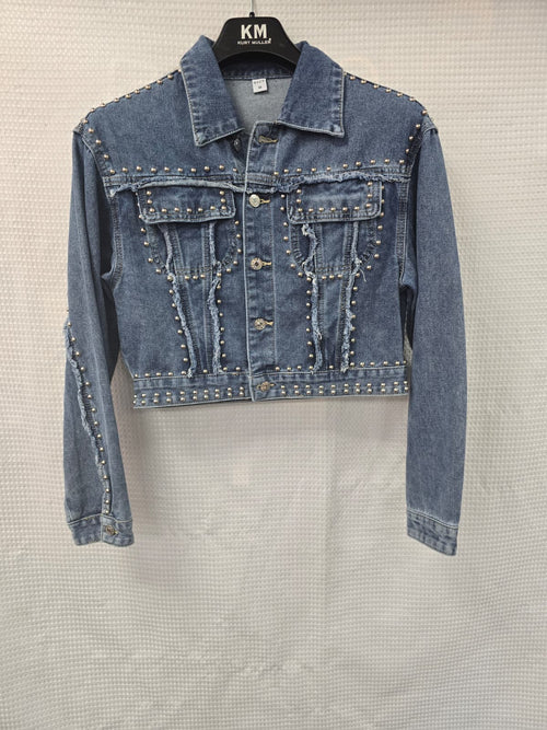 Stud Frayed Edge Cropped Denim Jacket