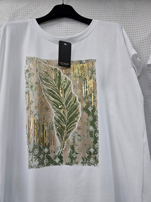 Metallic Feather high low cotton T-shirt