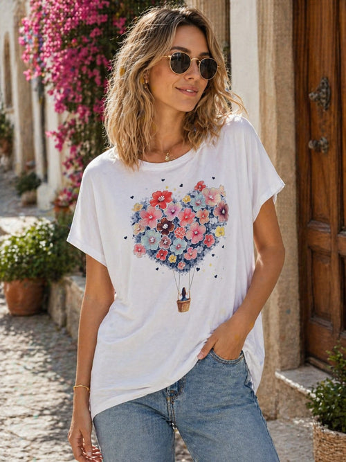 Floral Balloon Cotton High Low T-shirt