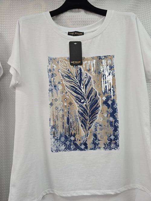 Metallic Feather high low cotton T-shirt