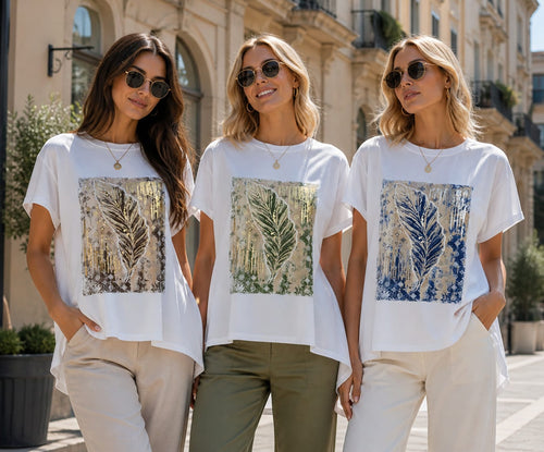 Metallic Feather high low cotton T-shirt